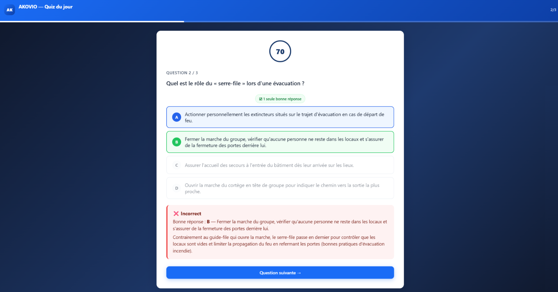 Capture d'écran — quiz étudiant AKOVIO, question sur les procédures d'évacuation
